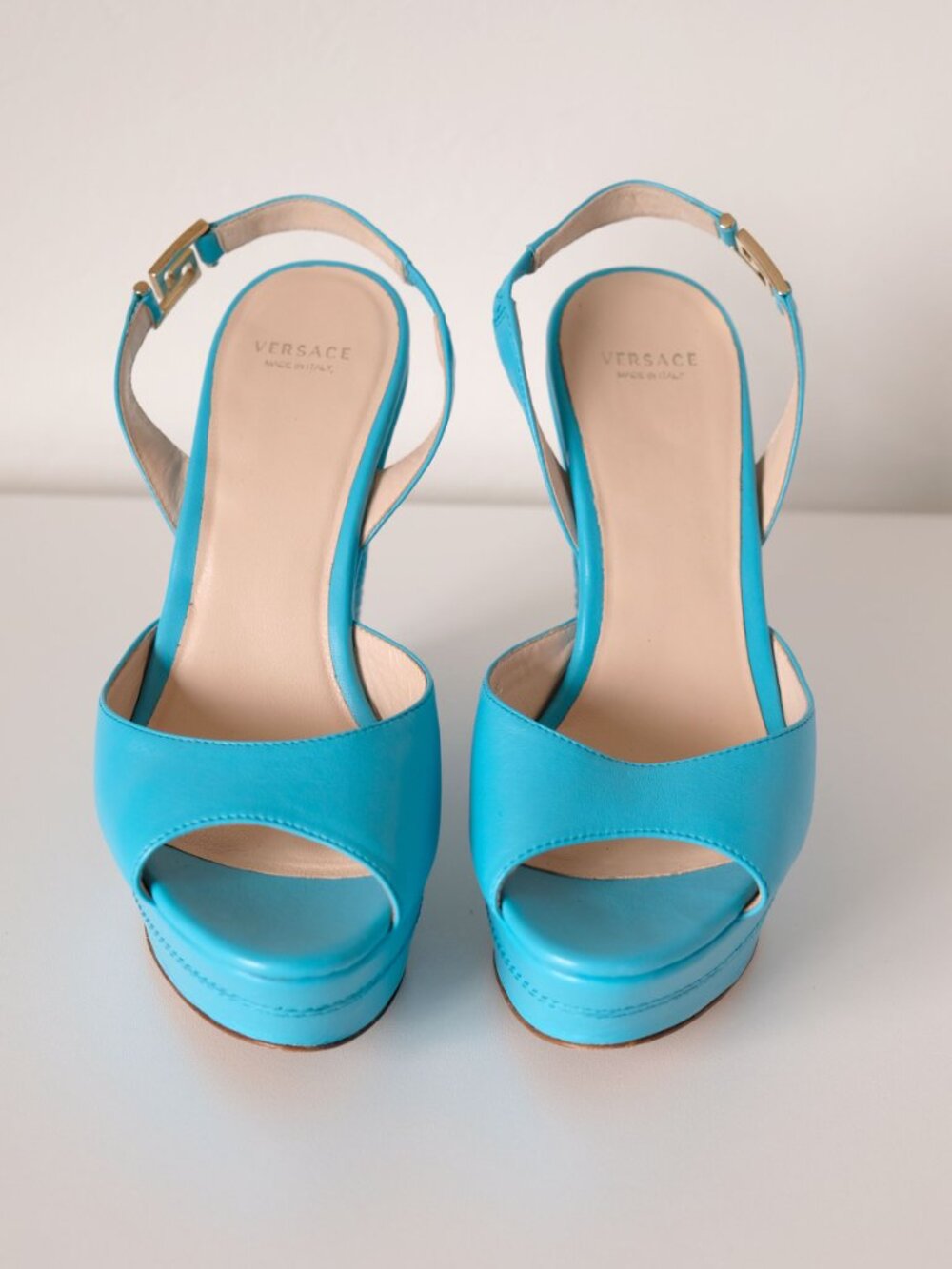 Versace Leather Slingback Peep Toe Wedges, Turquoise, Size 8, Great condition - Picture 3 of 12